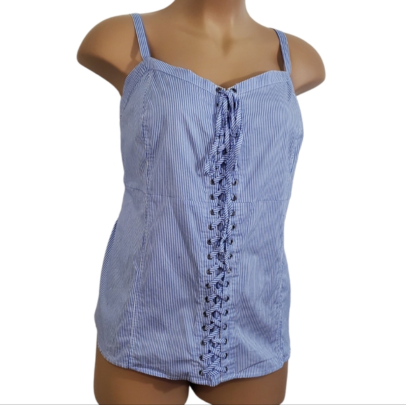 TORRID  ( 5X ) Blue Striped Poplin Lace-Up Cami Corset Eyelets Lace-up  Zip Top - Picture 2 of 13